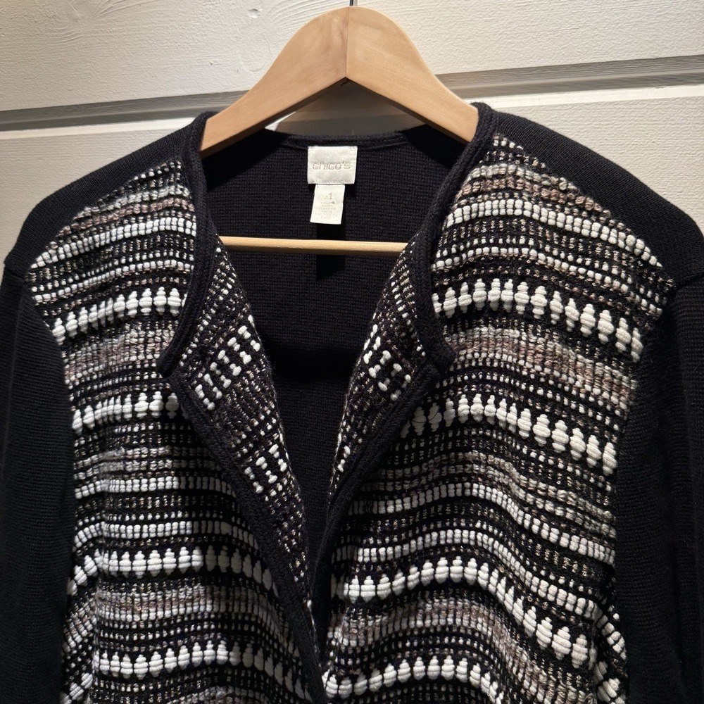 Chicos Textured Stripe Cardigan Women's Size 4 (XXL)  Black Brown White, Career